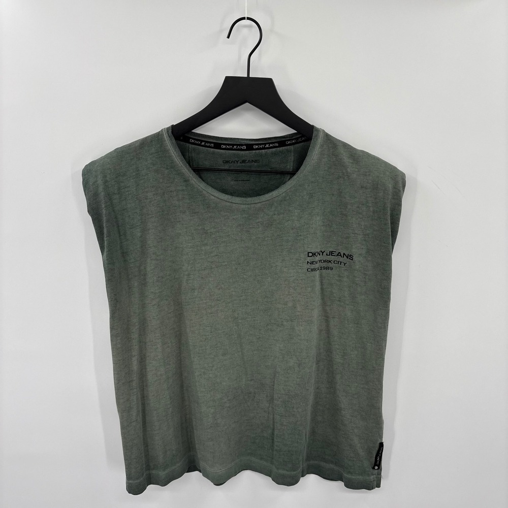DKNY Jeans Muscle Tee Womens Large Green Padded Shoulder Graphic Tank Gym Y2K